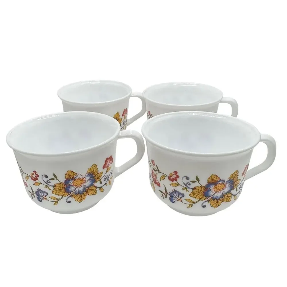 Vintage Milk Glass Arcopal France Flowers Floral Tea Coffee Cup Set of 4